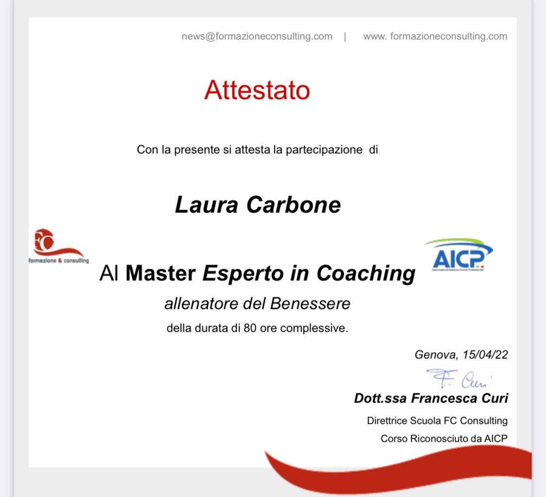 Attestato Laura Carbone | Esperto in Coaching - allenatore del Benessere AICP